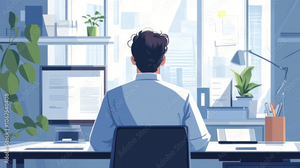 Manager in office workspace, back view, depicting administrative duties Manager in office workspace, back view, depicting administrative duties