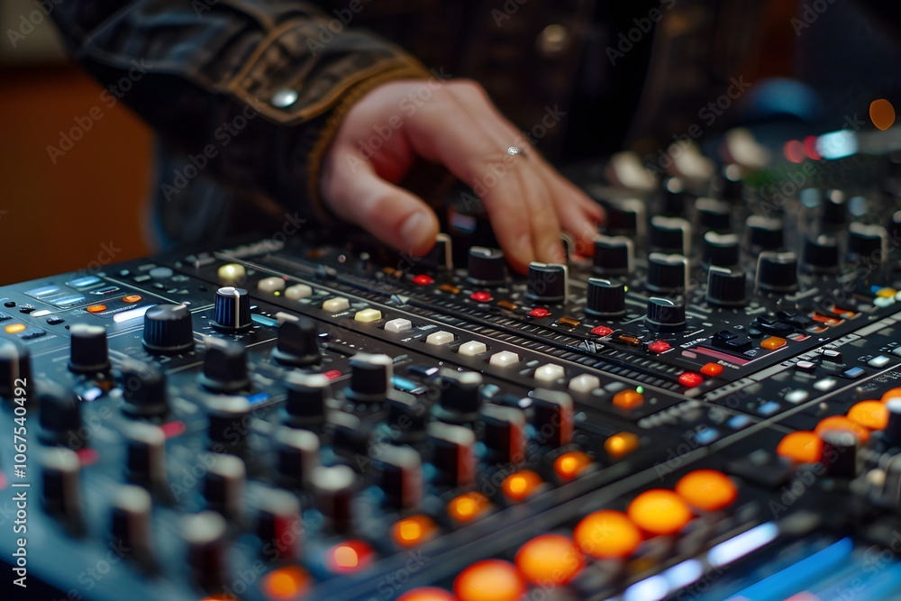 Close-Up of a Music Producer's Hand Adjusting a Mixing Console Close-Up of a Music Producer's Hand Adjusting a Mixing Console