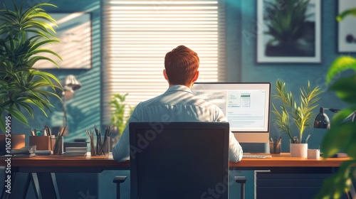 Manager in office workspace, back view, depicting administrative duties