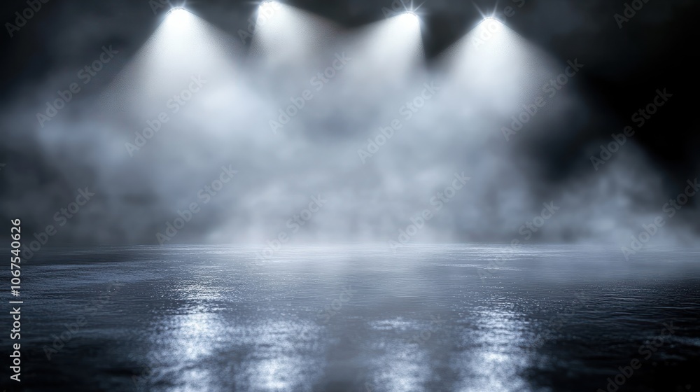 Empty street scene background with abstract spotlights light. Night view of street light reflected on water. Rays through the fog. Smoke, fog, wet asphalt with reflection of lights. Empty street scene background with abstract spotlights light. Night view of street light reflected on water. Rays through the fog. Smoke, fog, wet asphalt with reflection of lights.