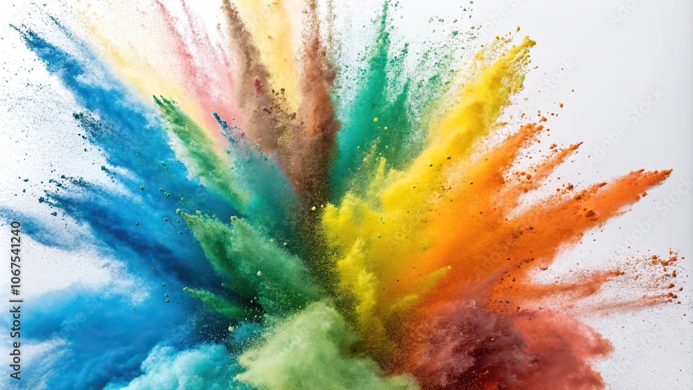 Coloured powder explodes in a kaleidoscope of hues against a pristine white background with bursts of blue green yellow and orange, confetti, celebration, festive, bright Coloured powder explodes in a kaleidoscope of hues against a pristine white background with bursts of blue green yellow and orange, confetti, celebration, festive, bright