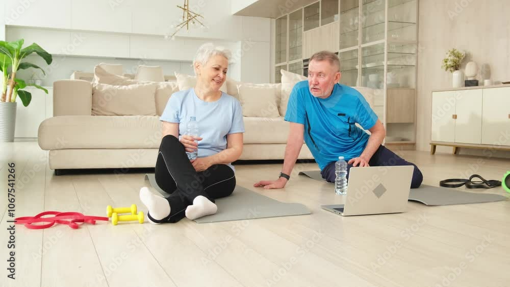Yoga mindfulness water. Senior adult mature couple drinking water after practicing yoga with online lessons in laptop. Old wife husband drink water before workout. Family doing sports exercise at home Yoga mindfulness water. Senior adult mature couple drinking water after practicing yoga with online lessons in laptop. Old wife husband drink water before workout. Family doing sports exercise at home