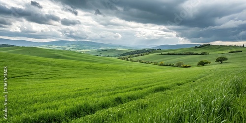 Emerald green grass field with subtle ripples and gentle hills, short cut grass, natural landscape, natural scenery, meadows, emerald green