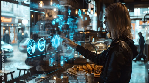 A user interacting with a holographic social media interface in a coffee shop 