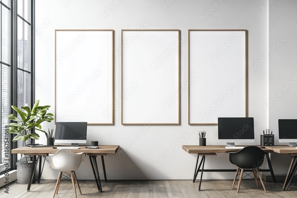 Fototapeta premium Vertical blank poster mockup in a sleek office setting. AI generated illustration