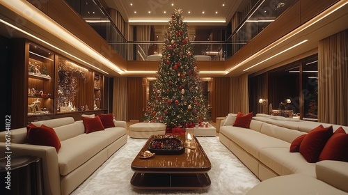 Wallpaper Mural A grand living room decorated for Christmas with a large Christmas tree, white sofas, red pillows, and a coffee table. Torontodigital.ca