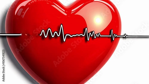 A glossy red heart with an electrocardiogram line, representing heart health, medical care, and wellness concepts, against a white background. photo