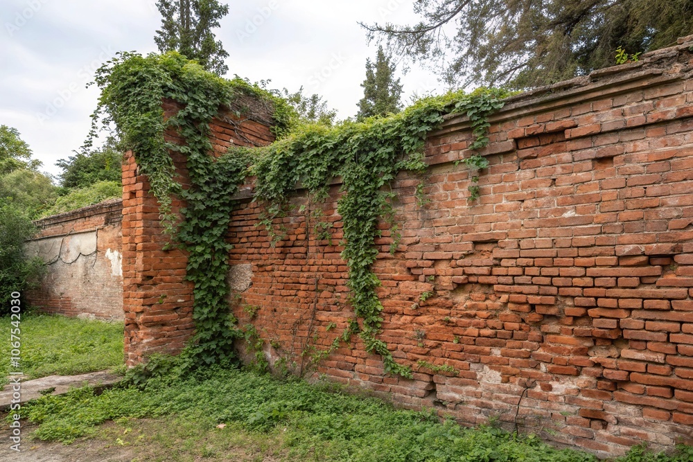 Old red brick wall with weathered mortar and vines growing on it, plant life, foliage, wildflowers, building Old red brick wall with weathered mortar and vines growing on it, plant life, foliage, wildflowers, building