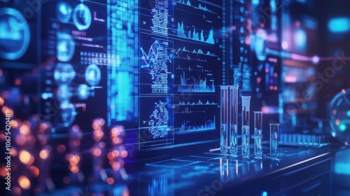 Science technology vector, featuring laboratory equipment, data charts, and digital analysis tools