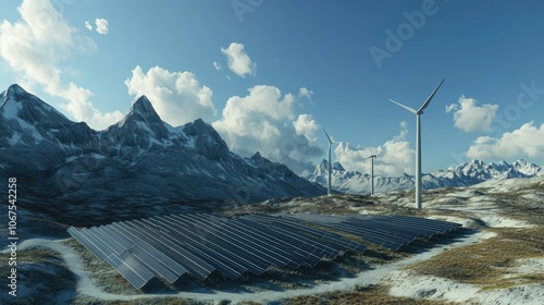 Hybrid wind-solar farm in a mountainous area, panels and turbines in harmony, showcasing multi-source renewable solutions