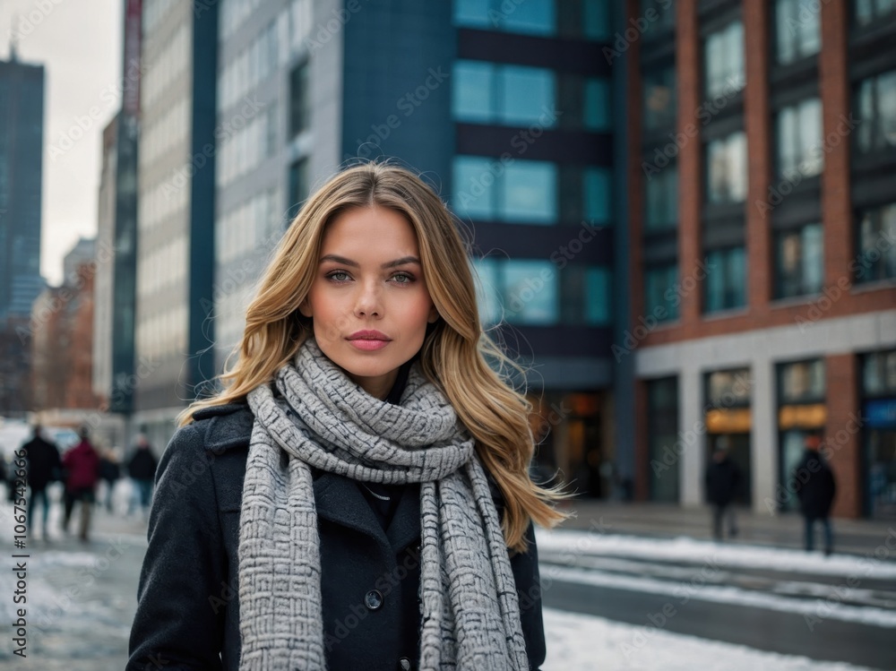 A model wearing a stylish winter coat and scarf, showcasing elegant winter fashion A model wearing a stylish winter coat and scarf, showcasing elegant winter fashion