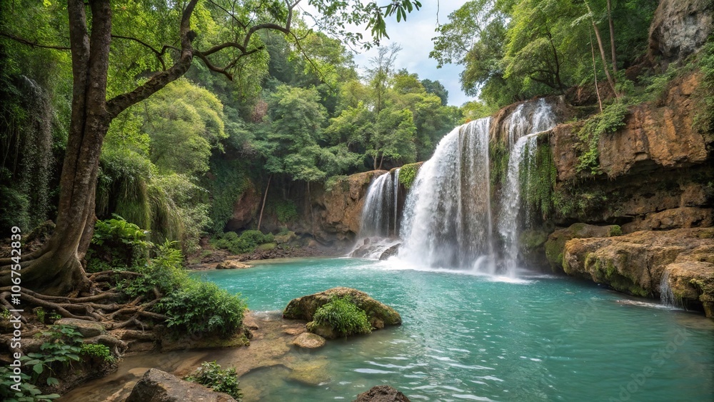 Waterfall in deep tropical jungle with crystal clear water cascading down rocky cliffs and lush greenery, summer, lush, jungle, southeast asia Waterfall in deep tropical jungle with crystal clear water cascading down rocky cliffs and lush greenery, summer, lush, jungle, southeast asia
