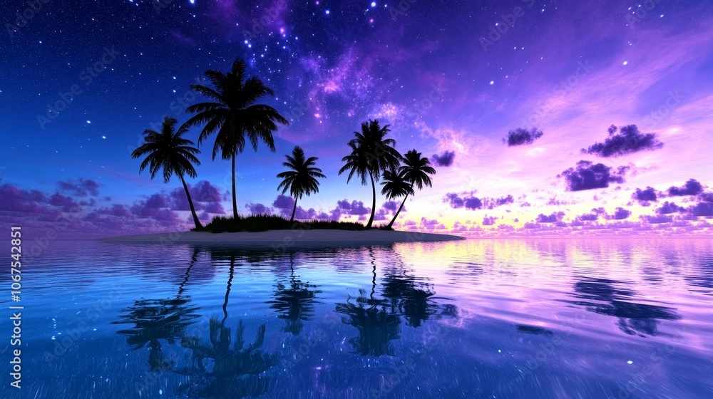 Tropical Island Sunset with Palm Trees and Starry Sky Tropical Island Sunset with Palm Trees and Starry Sky