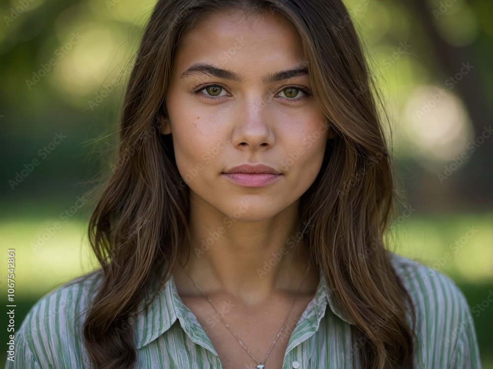 A closeup portrait of a young woman with a serene expression, showcasing natural beauty and calmness A closeup portrait of a young woman with a serene expression, showcasing natural beauty and calmness
