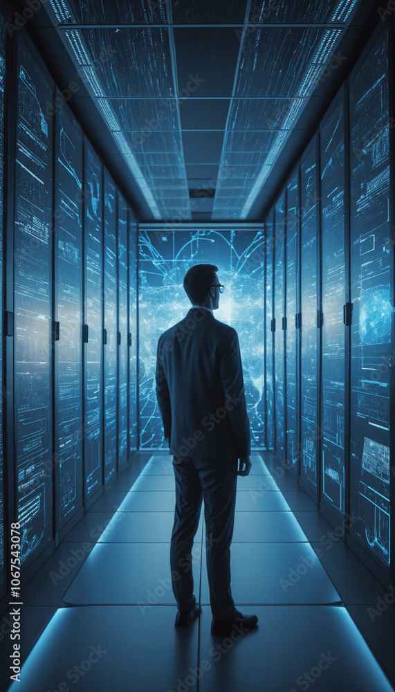 Successful male IT specialist managing cloud data security in advanced server facility Successful male IT specialist managing cloud data security in advanced server facility