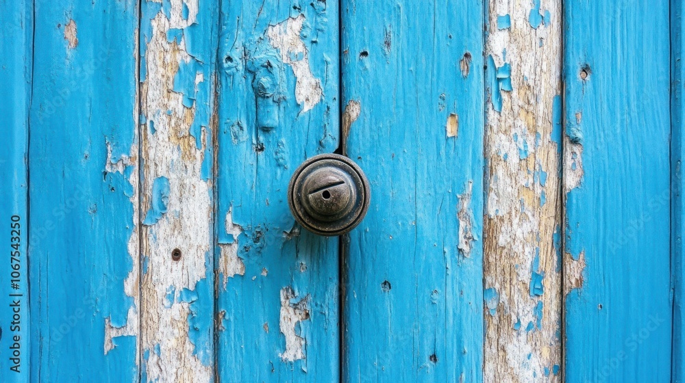 A weathered blue wooden door with a brass doorknob. A weathered blue wooden door with a brass doorknob.