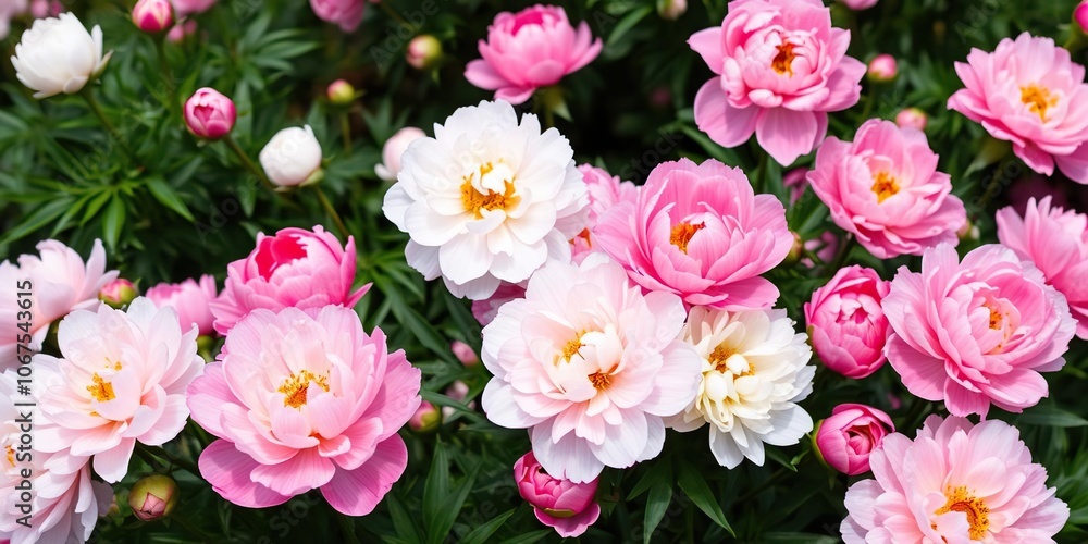 A cluster of blossoming peonies in shades of pink and white filling a lush garden with vibrant color, flower arrangement, beautiful blooms A cluster of blossoming peonies in shades of pink and white filling a lush garden with vibrant color, flower arrangement, beautiful blooms