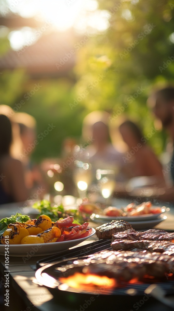 Vibrant summer barbecue party scene with friends enjoying grilled steaks and vegetables. AI generated illustration Vibrant summer barbecue party scene with friends enjoying grilled steaks and vegetables. AI generated illustration