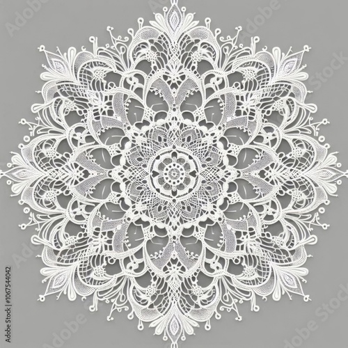 A pattern of white lace, or tatting, set against a gray background. Generated with AI. photo