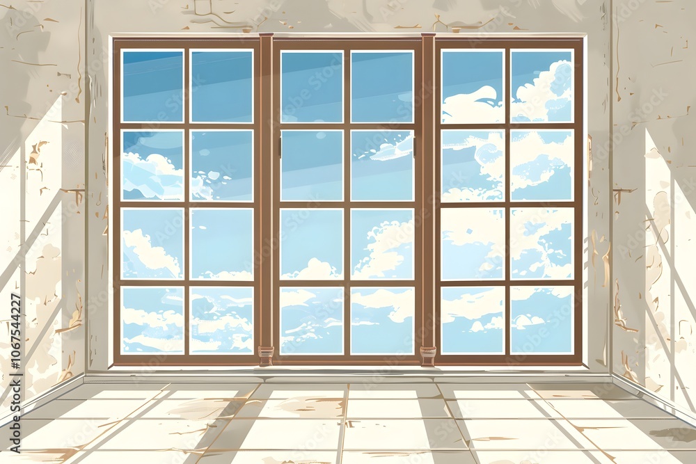 Fototapeta premium Bright and Airy Room with Large Windows Showcasing a Beautiful Sky