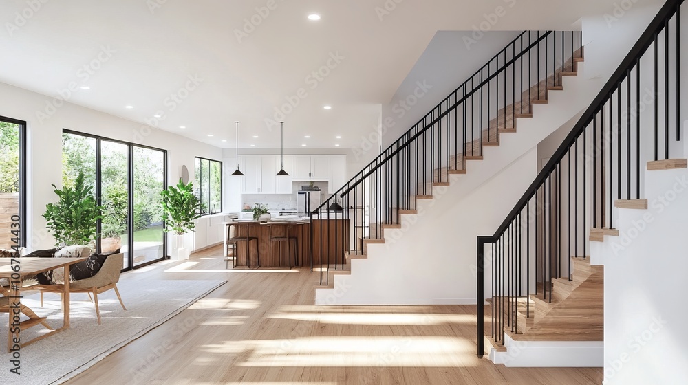 Modern open-concept home interior with staircase and large windows. AI generated illustration Modern open-concept home interior with staircase and large windows. AI generated illustration