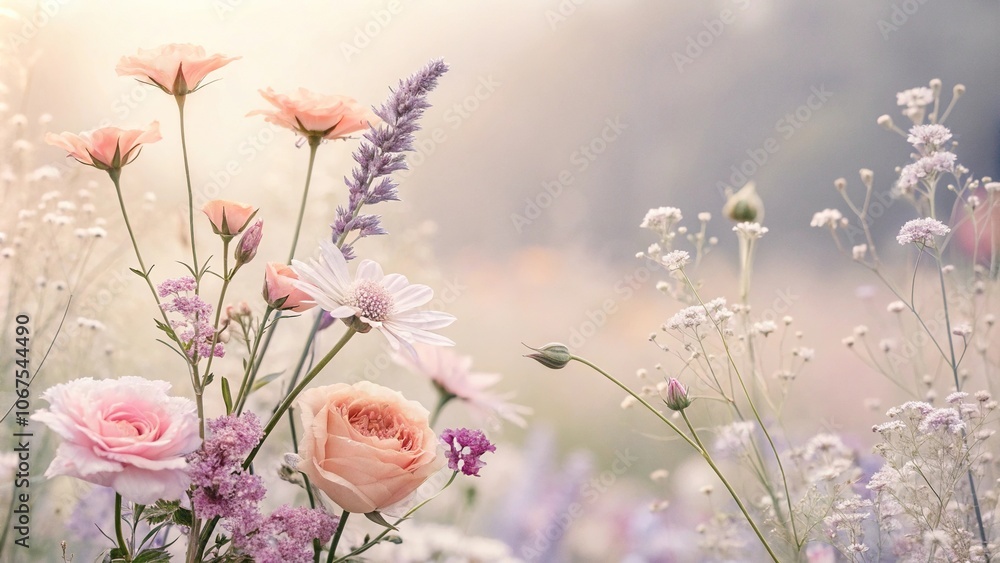 A dreamy, ethereal scene featuring a mix of real and abstract floral elements in shades of soft pink, peach, and lavender, pastel, abstract, nature, whimsical, floral A dreamy, ethereal scene featuring a mix of real and abstract floral elements in shades of soft pink, peach, and lavender, pastel, abstract, nature, whimsical, floral