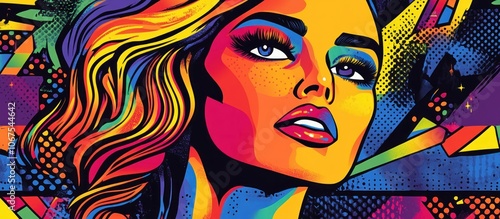 A vibrant pop art portrait of a woman with bold makeup and flowing hair against a colorful geometric background.