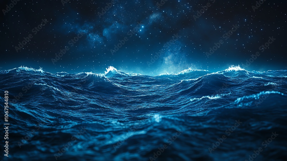 Fototapeta premium A cosmic ocean with glowing waves, under a night sky filled with stars and swirling galaxies