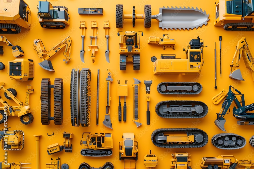 Fototapeta premium A Vibrant Collection of Construction Equipment and Tools on a Bright Yellow Background