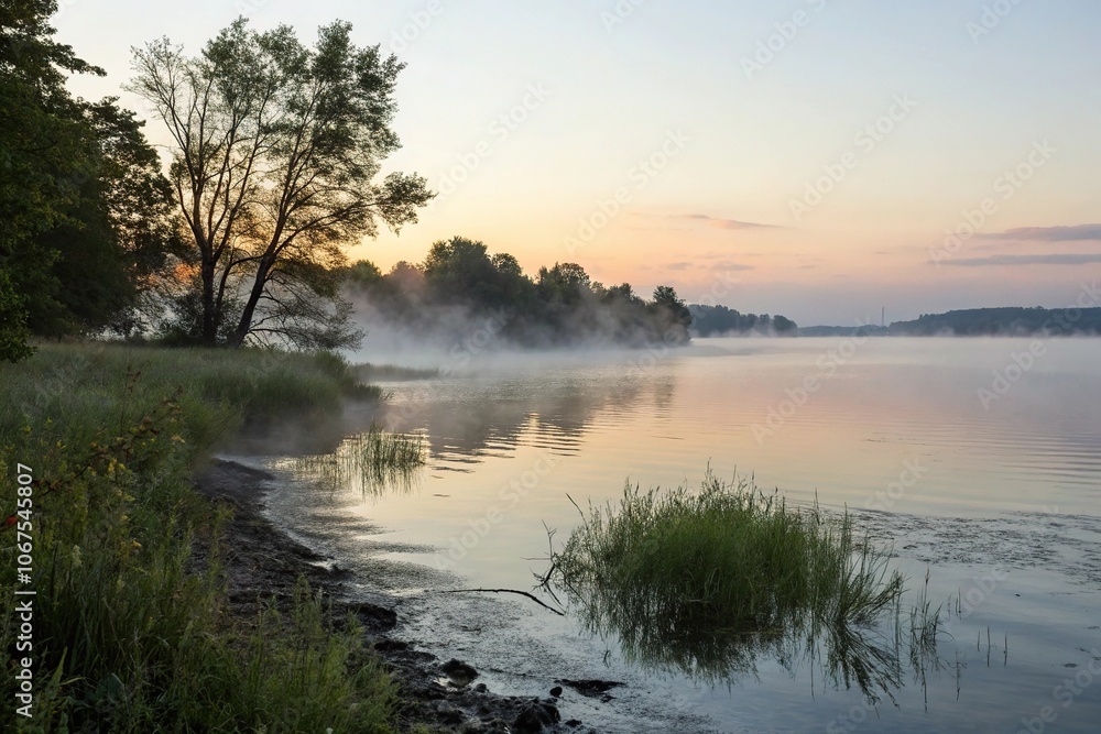 A quiet dawn unfolds on the shore where morning fog clings to the rippled waters' edge, morning fog, calm atmosphere A quiet dawn unfolds on the shore where morning fog clings to the rippled waters' edge, morning fog, calm atmosphere