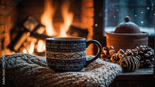 A warming mug of coffee near the fireplace in a cozy warm knitted plaid and Christmas decor. Cozy winter, Christmas, New Year. 