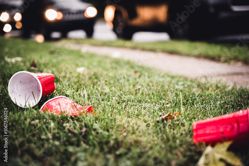 Crushed and discarded red plastic cups after a college party