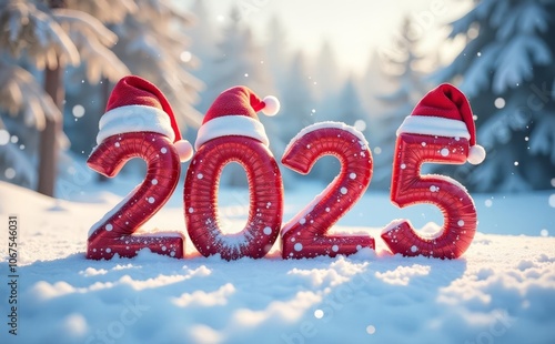 Happy New Year 2025 made of lights in snow with Santa  red hat, snow falling 