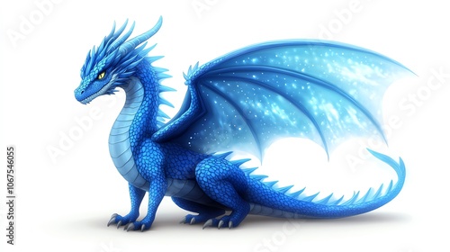 Blue dragon with wide wings fierce and powerful fantasy creature isolate white background