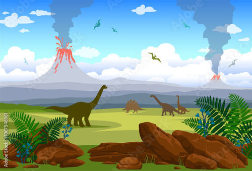 Cartoon vector illustration with silhouette of dinosaurs on the Jurassic period. Prehistoric landscape with stone, erupting volcano, smoke clouds and fern.