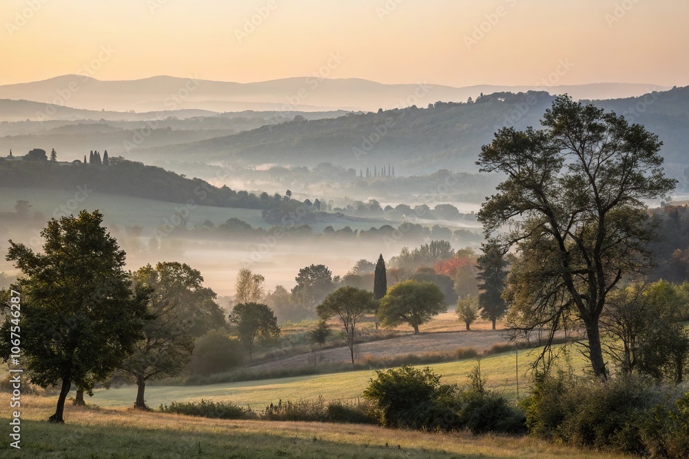 A serene landscape at dawn with soft light casting a warm glow on a blurred background of trees and hills, dawn, landscape, blurred background A serene landscape at dawn with soft light casting a warm glow on a blurred background of trees and hills, dawn, landscape, blurred background