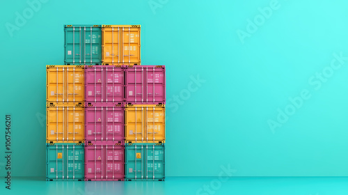 Colorful stack of weathered shipping containers arranged on a bright background, highlighting industrial and logistics themes with vibrant contrast.
 photo