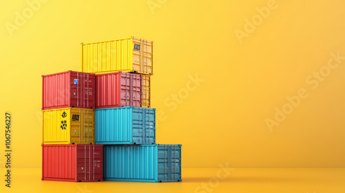 Colorful stack of weathered shipping containers arranged on a bright background, highlighting industrial and logistics themes with vibrant contrast. 