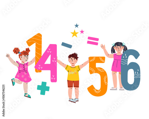 Children develop essential math skills and studying numbers, math, and arithmetic, vector illustration isolated. Kids counting and arithmetic skills, back to school banner.