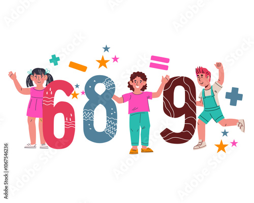 Children with numbers for math and arithmetic lessons and mathematic school, vector illustration isolated. Kids counting and studying arithmetic, banner back to school.