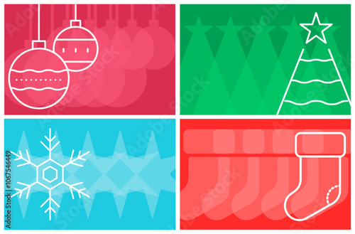 Modern Merry Christmas Postcard Collection Set: Holiday Greetings Flat Design Minimal Vector Art Colorful Vibrant