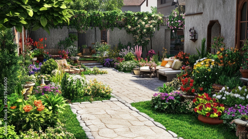 Naklejka premium A lush, green garden with a stone path leading to a patio with seating and potted plants.