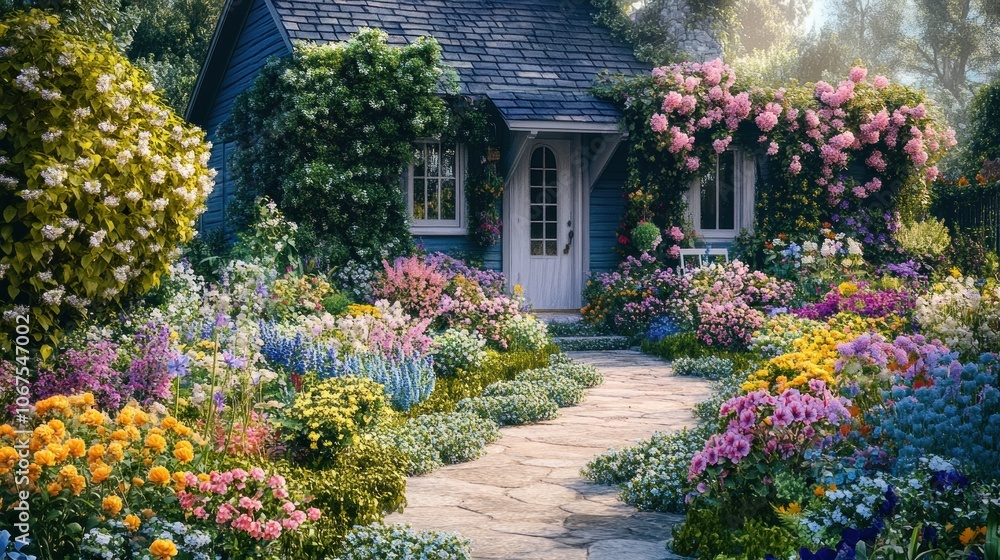 Obraz premium A charming blue cottage with a lush flower garden and a stone path leading to the front door.