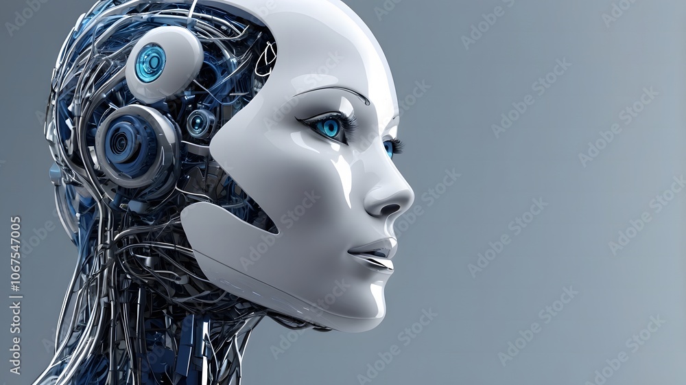 Abstract image of artificial intelligence in the form of a combination of a robot head and a network with free space for text , blue and silver shades, 3D rendering Abstract image of artificial intelligence in the form of a combination of a robot head and a network with free space for text , blue and silver shades, 3D rendering