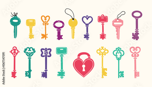 Hand drawn colored vector Keys. Doodle various vintage, modern and cute isolated keys. Different types, sizes.