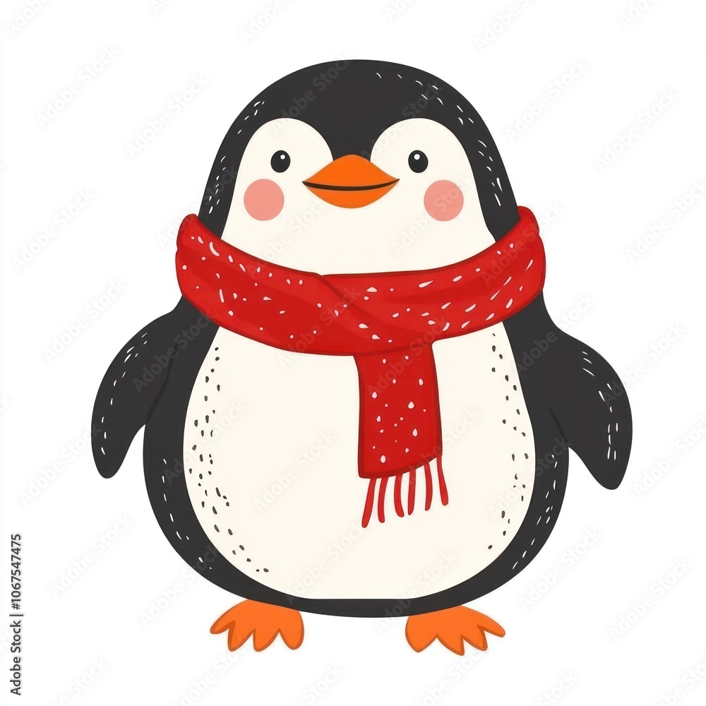 Fototapeta premium Cute illustration of chubby happy Penguin with red scarf penguin winter animal.