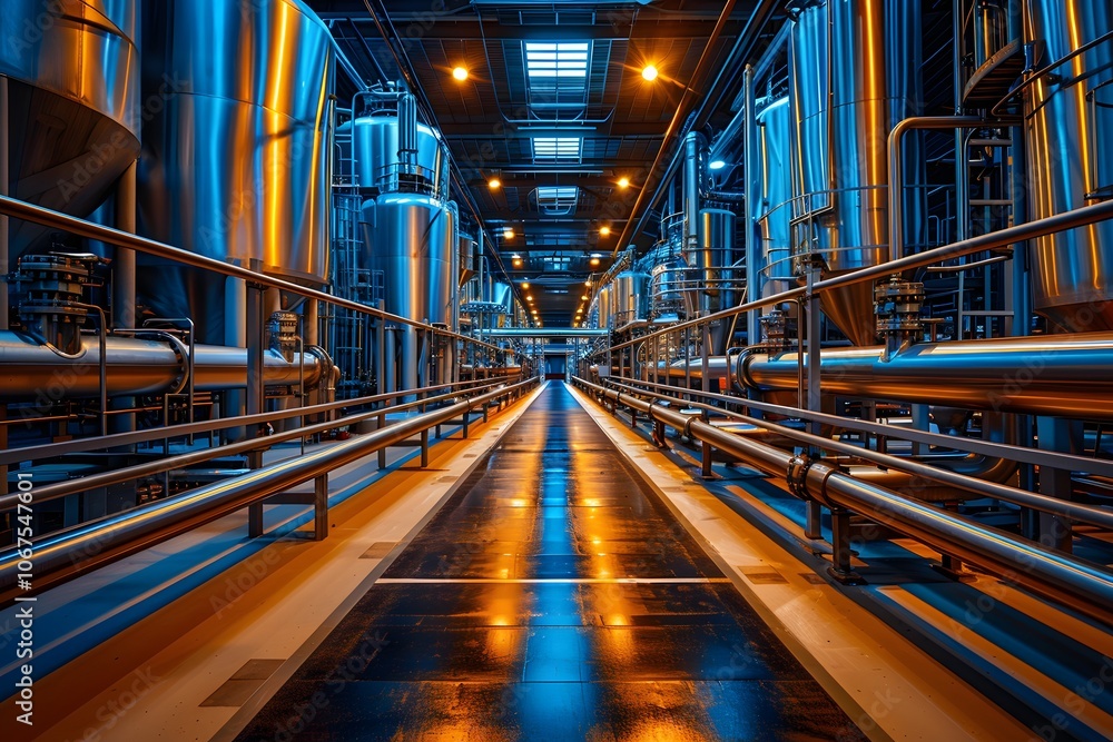 Fototapeta premium Industrial Pathway Through a Modern Brewery with Gleaming Stainless Steel Equipment