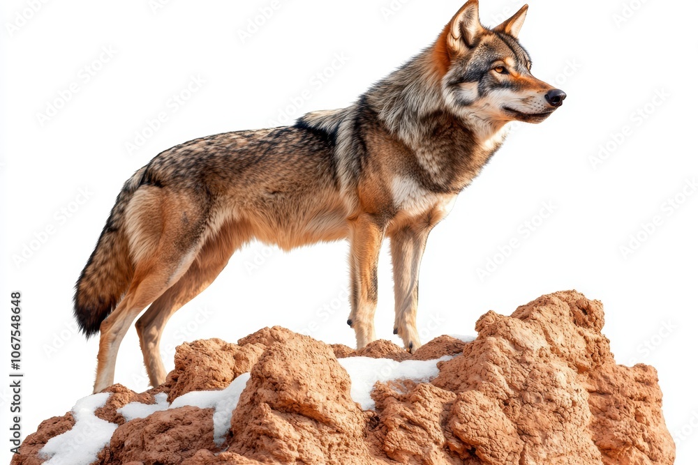 Obraz premium Majestic wolf standing on a snowy hill under a full moon, symbolizing strength, mystery, and the beauty of the wild