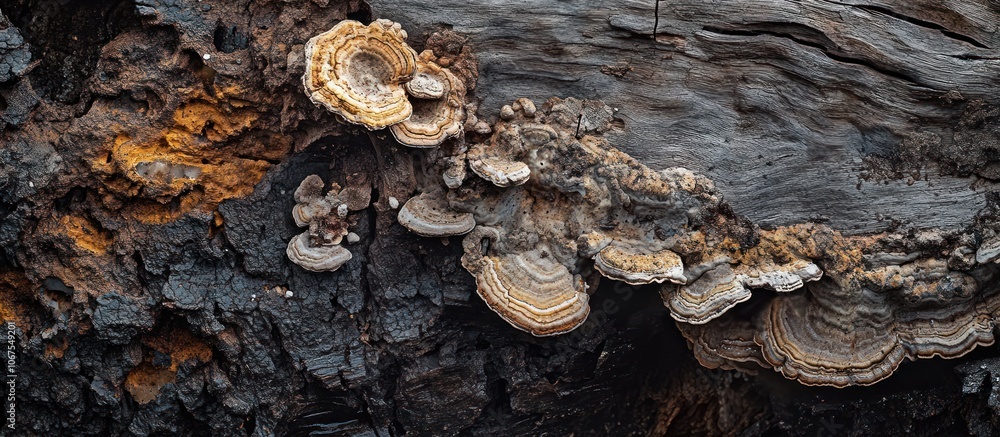 A close-up of a cluster of mushrooms growing on a weathered log. A close-up of a cluster of mushrooms growing on a weathered log.