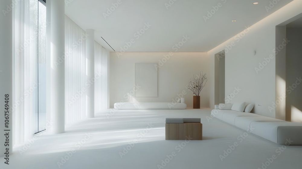 Minimalist white living room with large windows, white furniture, and wooden coffee table. Minimalist white living room with large windows, white furniture, and wooden coffee table.
